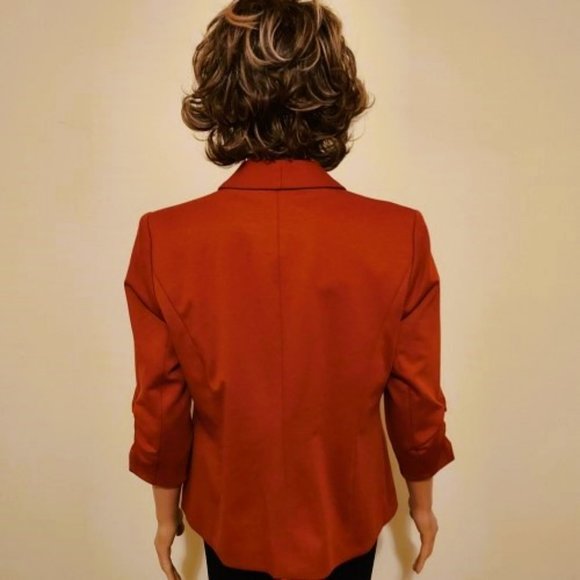 JULES & LEOPOLD RUST OPEN FRONT BLAZER RUCHED SLEEVES FAKE POCKETS SIZE M NWT - Picture 4 of 8